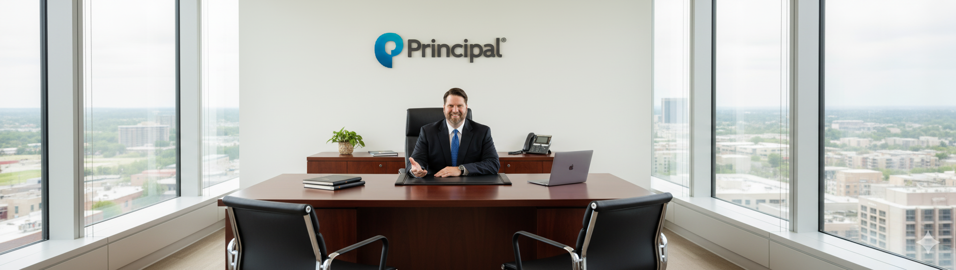 Joshua Hutt at his Principal office with panoramic city views